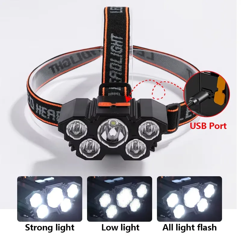 5-LED Rechargeable Headlamp – Bright Light for Camping, Fishing & Adventure