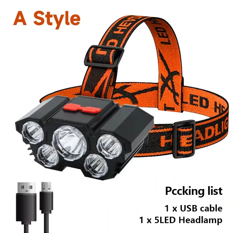 5-LED Rechargeable Headlamp – Bright Light for Camping, Fishing & Adventure